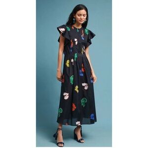 Blue and Green Ruched Ruffled Midi Sundress